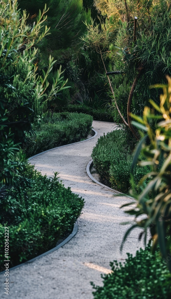 Fototapeta premium A serene journey along a winding path in a lush bamboo forest with sunlight streaming through