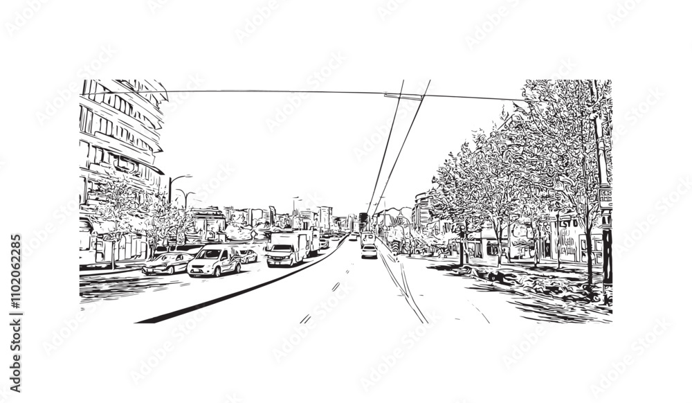 Print Building view with landmark of Vancouver is the city in Western Canada. Hand drawn sketch illustration in vector.