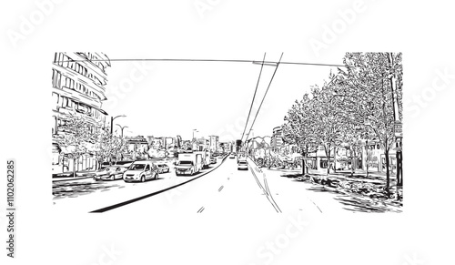 Print Building view with landmark of Vancouver is the city in Western Canada. Hand drawn sketch illustration in vector.