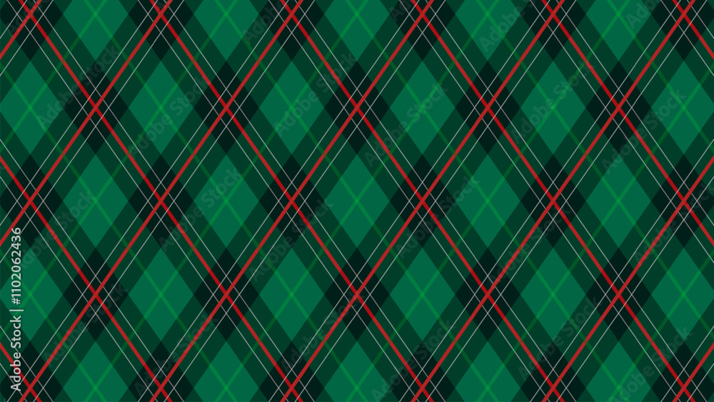 Christmas Seamless vivid geometric background for fabric, textile, men clothing, wrapping paper. Argyle vector pattern. Dark green with thin slim golden dotted line.