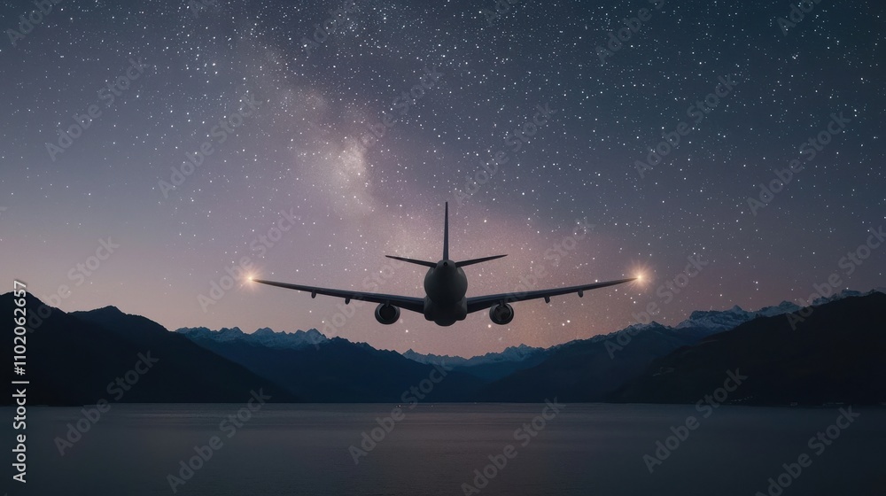 Obraz premium Passenger plane journey under starry sky night aerial view travel