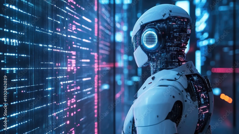 Engineer operator using AI system, back view Engineer operator using AI system, back view