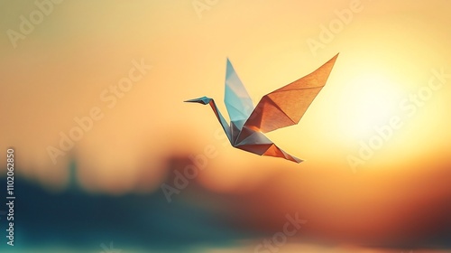 Transformative Origami Crane Soaring in Vibrant Sunset Landscape photo