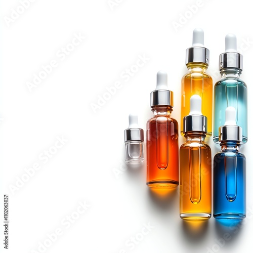 Assorted dropper bottles with colorful liquid on white isolate background.