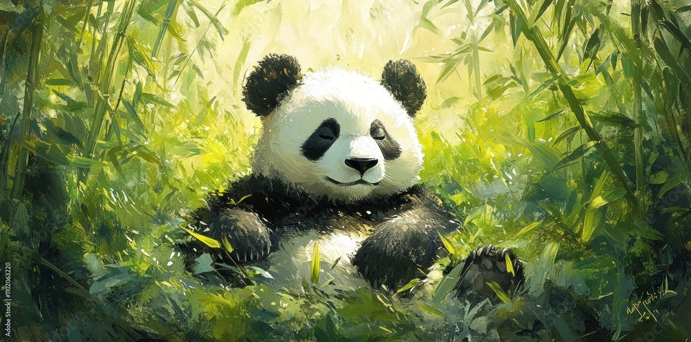 Serene Panda Resting Amidst Lush Bamboo Grove Serene Panda Resting Amidst Lush Bamboo Grove