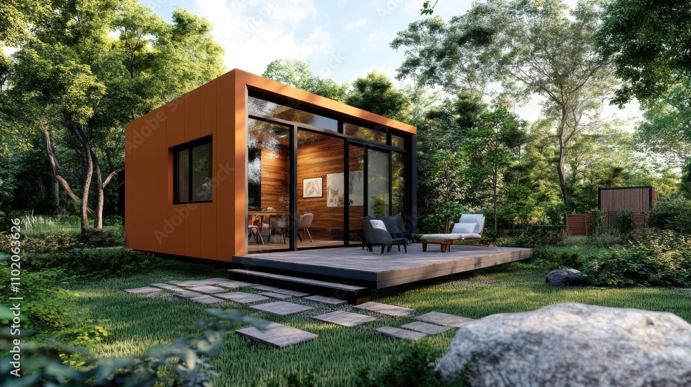Modern small cabin surrounded by lush greenery in a tranquil setting Modern small cabin surrounded by lush greenery in a tranquil setting