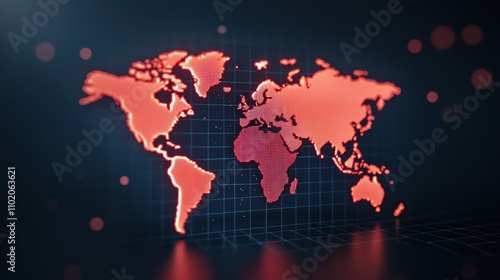 A digital map of the world highlighted in red, set against a dark background, showcasing a modern and technological design.