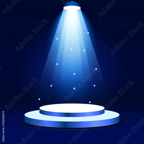 3D Blue Stage podium spotlight scene. Blue spotlight illuminated scene. Realistic vector Illustration

