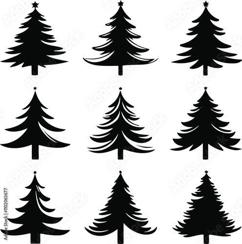 Beautiful Christmas Tree Silhouette Bundle Vector Art for Holiday Graphics.