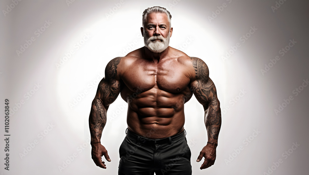 A studio portrait of an elderly man with muscular body and tattoos on his arms A studio portrait of an elderly man with muscular body and tattoos on his arms