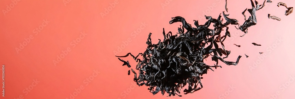 Naklejka premium falling dried black tea on solid background color light red