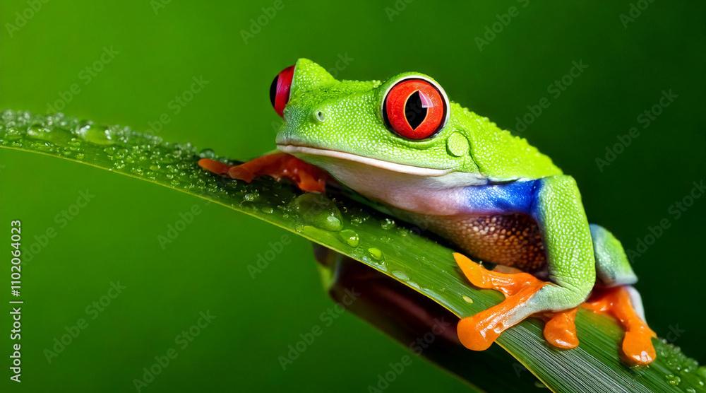 Obraz premium A red-eyed tree frog perched on a dewy leaf, its vibrant colors popping against a soft green background
