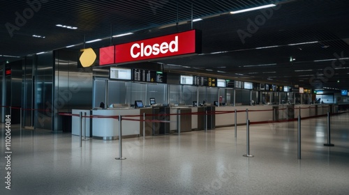 Closed airport counter with empty chairs and a sign indicating no flights available. A symbol of travel disruption and unexpected changes in plans.