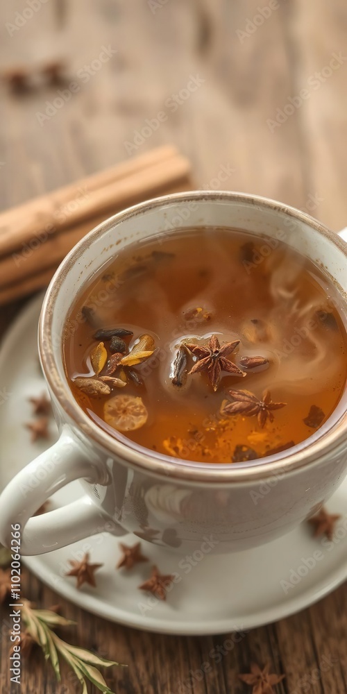 A close-up shot of a cup of steaming organic yogi tea with aromatic herbs and spices, healthy, healing, lifestyle A close-up shot of a cup of steaming organic yogi tea with aromatic herbs and spices, healthy, healing, lifestyle