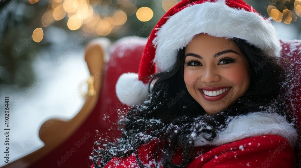 Beautiful woman smiling at the camera in a Christmas sleigh, red Santa suit Beautiful woman smiling at the camera in a Christmas sleigh, red Santa suit