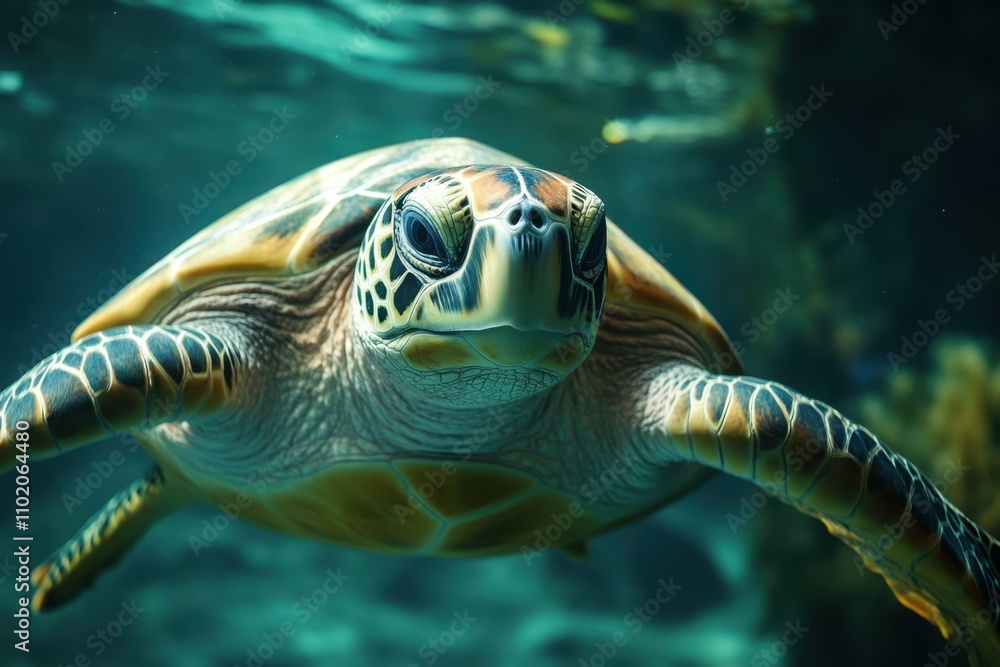 Obraz premium A serene underwater scene featuring a majestic turtle swimming gracefully through clear blue waters, Ideal for nature-themed projects, educational materials, or marine conservation campaigns,