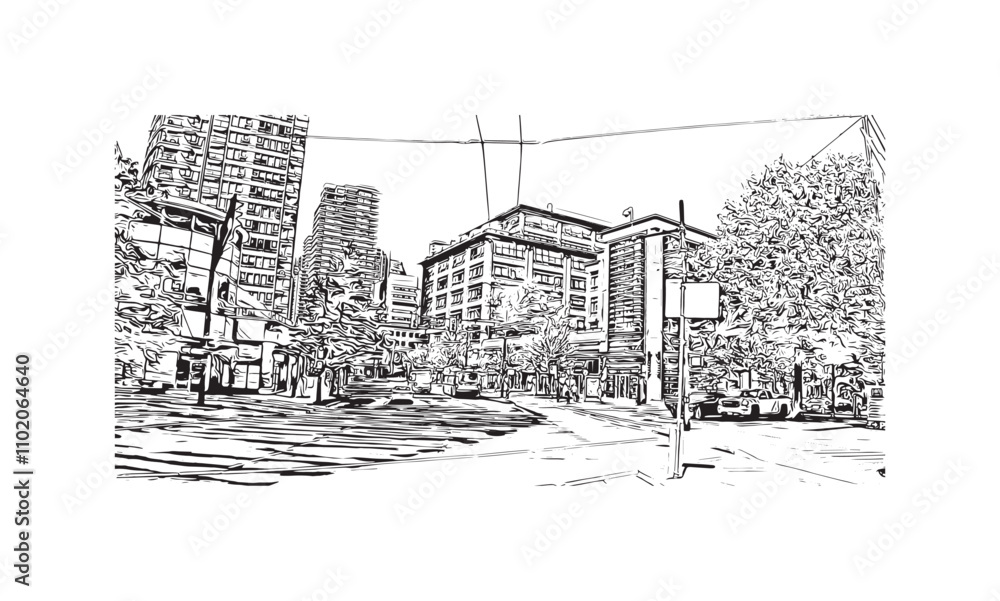 Print Building view with landmark of Vancouver is the city in Western Canada. Hand drawn sketch illustration in vector.