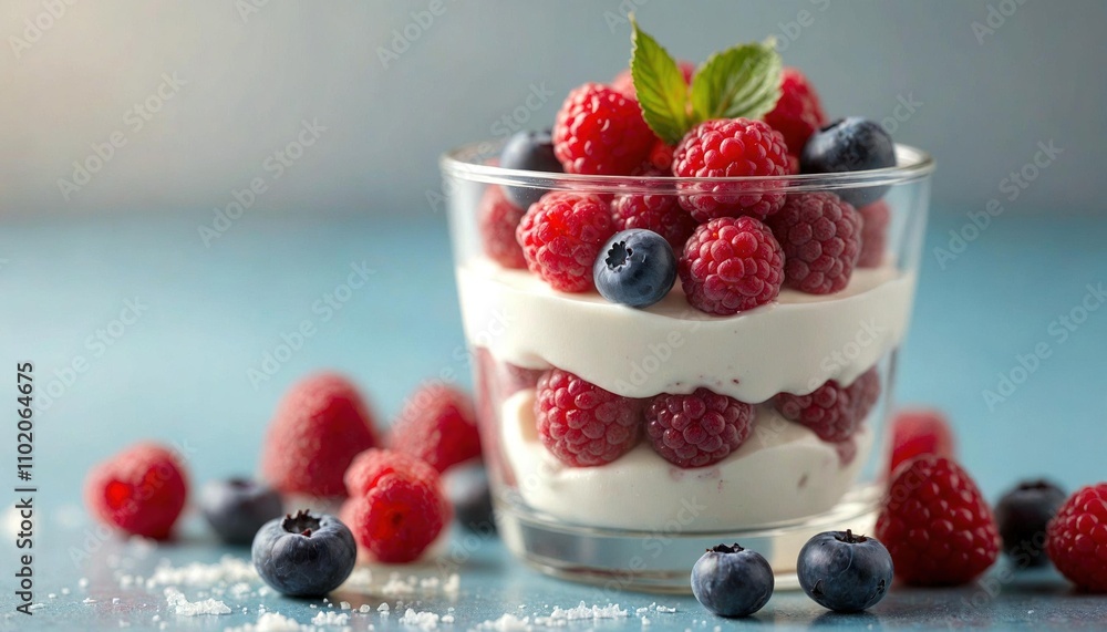 Transparent Glass Container with Freeze-Dried Yogurt and Berries Transparent Glass Container with Freeze-Dried Yogurt and Berries
