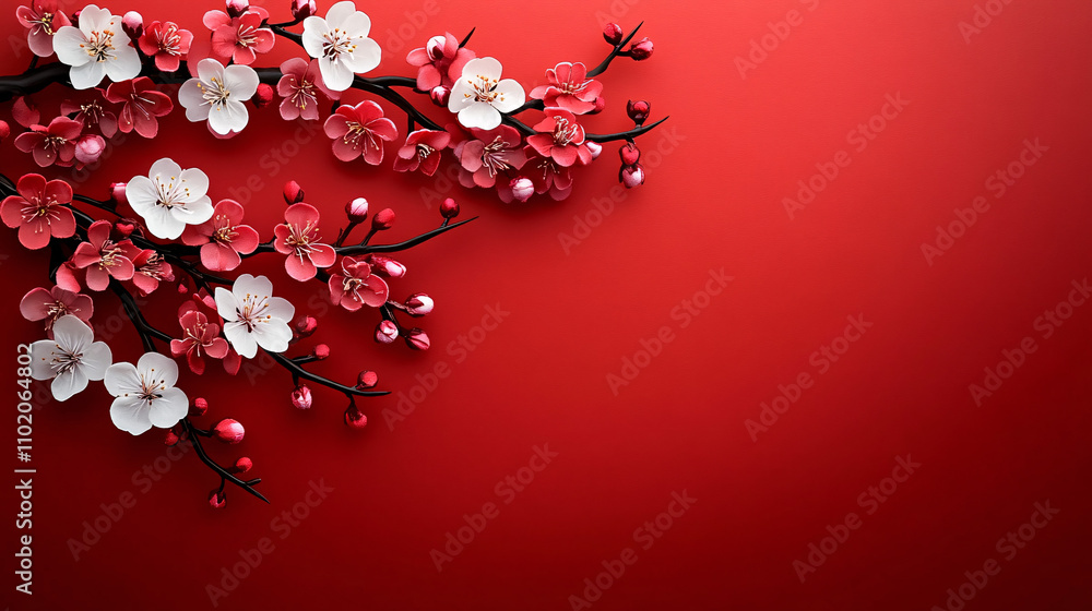 A serene floral arrangement of cherry blossoms on a bold red background, perfect for Chinese New Year decorations or spring-themed designs and events. A serene floral arrangement of cherry blossoms on a bold red background, perfect for Chinese New Year decorations or spring-themed designs and events.