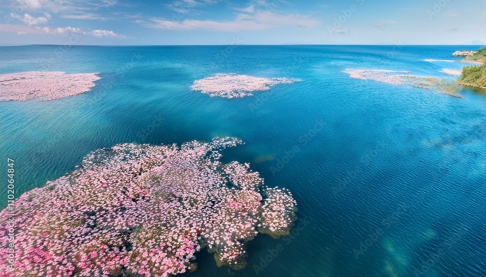 Naklejka premium 夏の日差しを受けて水面に浮かぶ美しい花々