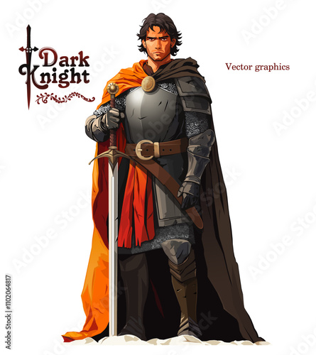 Dark knight. Medieval knight figure in armor and cloak with a large two-handed sword. Vector illustration