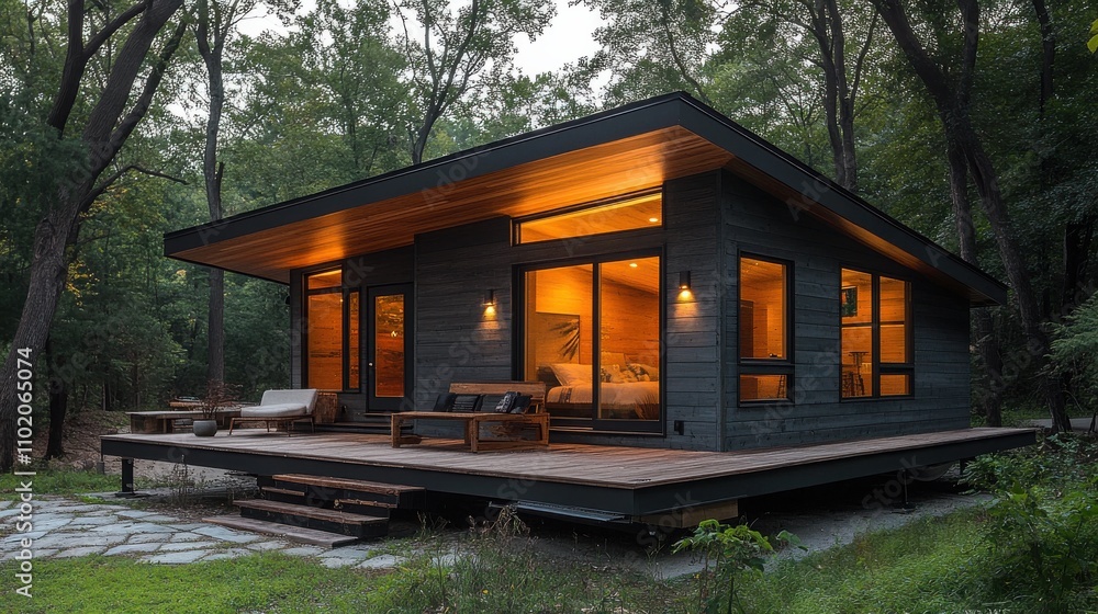 Cozy cabin retreat surrounded by lush trees during evening light Cozy cabin retreat surrounded by lush trees during evening light