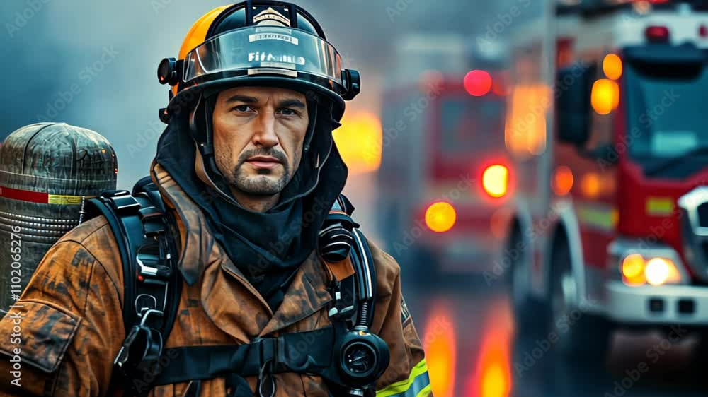 A firefighter in full uniform standing confidently in front of a fire truck, symbolizing bravery, dedication, and emergency service A firefighter in full uniform standing confidently in front of a fire truck, symbolizing bravery, dedication, and emergency service