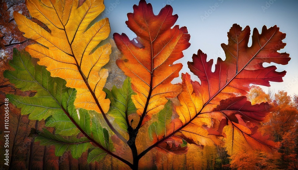 Oak leaves in vibrant colors, transitioning through winter, spring, summer, and autumn, showcasing nature's seasonal beauty and cyclical changes Oak leaves in vibrant colors, transitioning through winter, spring, summer, and autumn, showcasing nature's seasonal beauty and cyclical changes