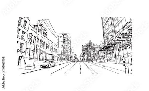 Print Building view with landmark of Vancouver is the city in Western Canada. Hand drawn sketch illustration in vector.