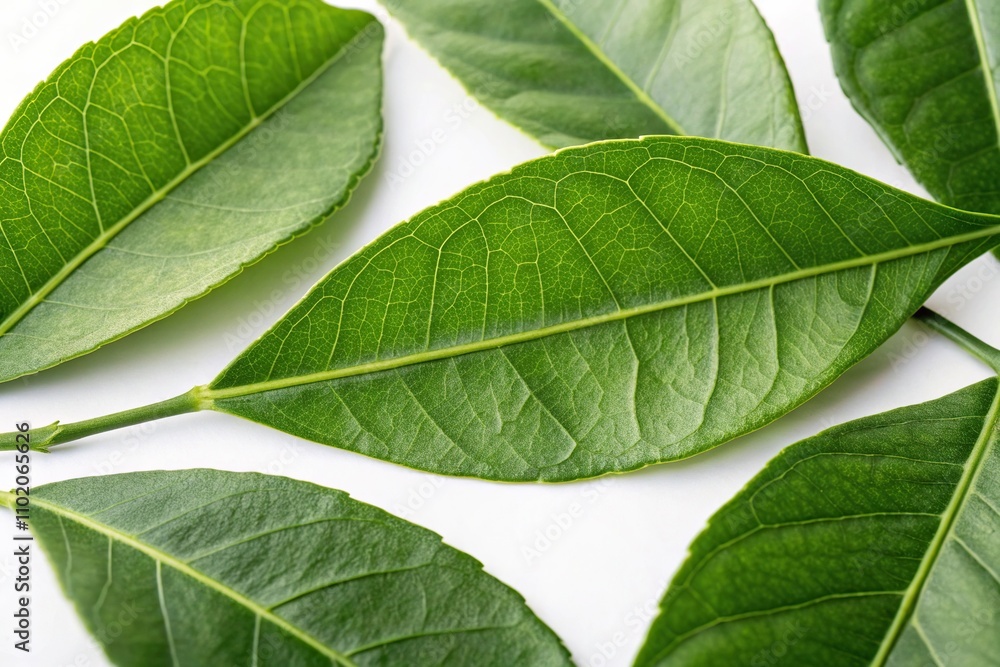 Obraz premium A close-up shot of individual fresh green citrus leaves against a crisp white background showcasing intricate veins, botanical illustration, macro photography, succulent, citrus, foliage