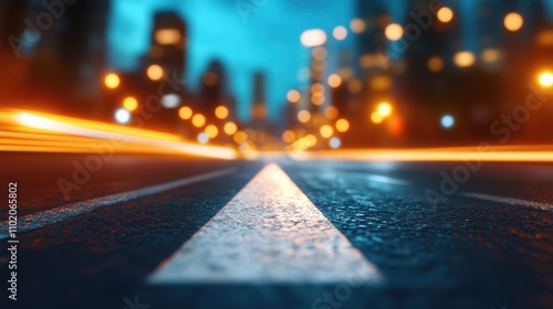 Asphalt road with white arrow roadway. Asphalt road with white arrow streaked with light trails, conveying motion in urban nighttime travel