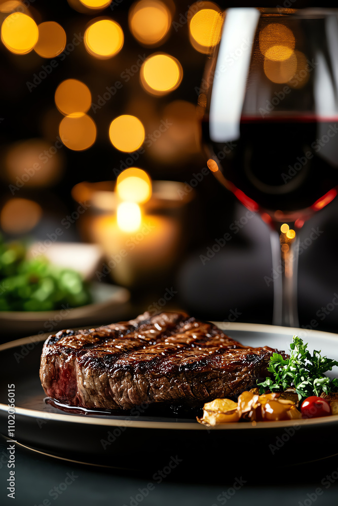 Perfectly grilled medium rare steak plated on a modern luxury plate, paired with red wine, warm restaurant setting, ultrarealistic Perfectly grilled medium rare steak plated on a modern luxury plate, paired with red wine, warm restaurant setting, ultrarealistic