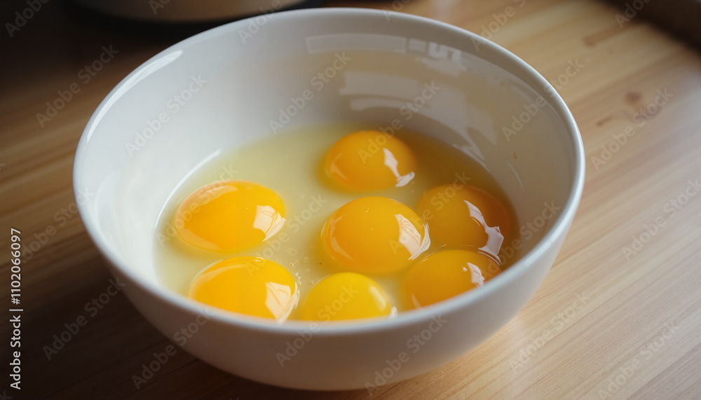 Bowl of fresh raw eggs with bright yellow yolks on a wooden kitchen counter Bowl of fresh raw eggs with bright yellow yolks on a wooden kitchen counter