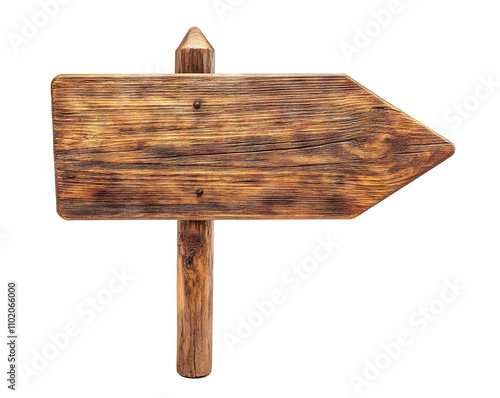 Rustic wooden directional signboard with arrow shape, isolated on transparent cutout background