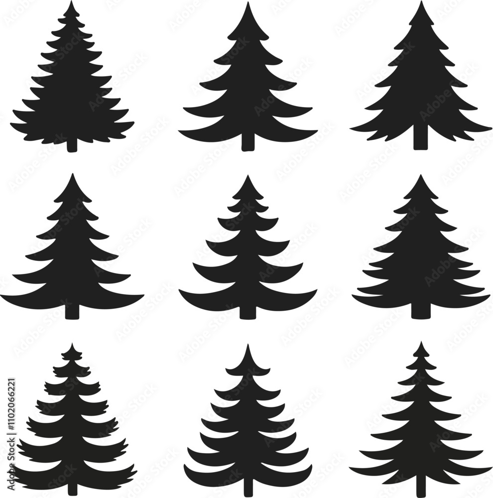 Festive Christmas Tree Silhouettes Vector Pack Creative Holiday Designs. Festive Christmas Tree Silhouettes Vector Pack Creative Holiday Designs.