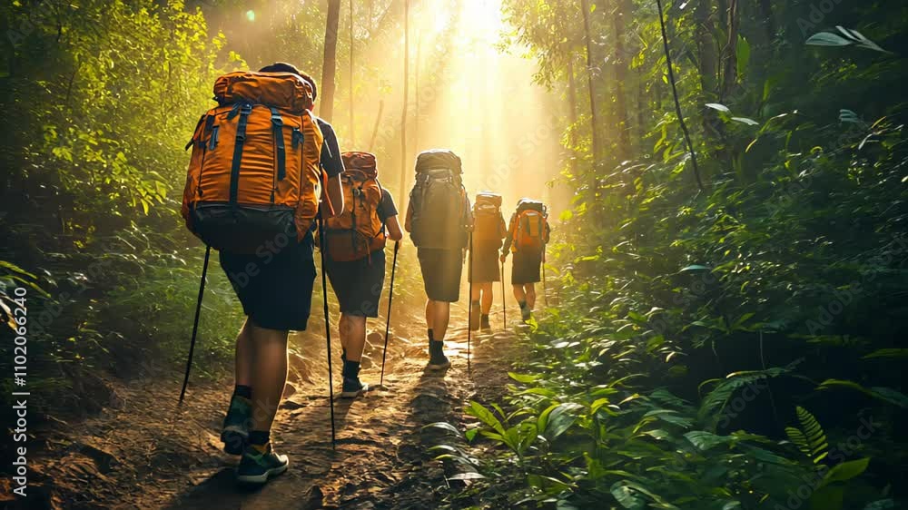 A group of hikers walking through a sunlit forest, surrounded by vibrant greenery, symbolizing adventure, teamwork, and the beauty of nature A group of hikers walking through a sunlit forest, surrounded by vibrant greenery, symbolizing adventure, teamwork, and the beauty of nature