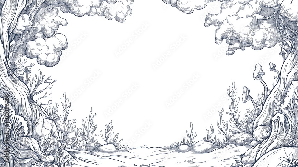 Hand-Drawn Nature Landscape Illustration Frame Hand-Drawn Nature Landscape Illustration Frame
