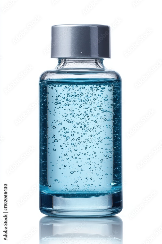 A clear bottle containing a sparkling blue liquid, ideal for showcasing beauty or wellness products, advertisements, and packaging designs in promotional materials, A clear bottle containing a sparkling blue liquid, ideal for showcasing beauty or wellness products, advertisements, and packaging designs in promotional materials,