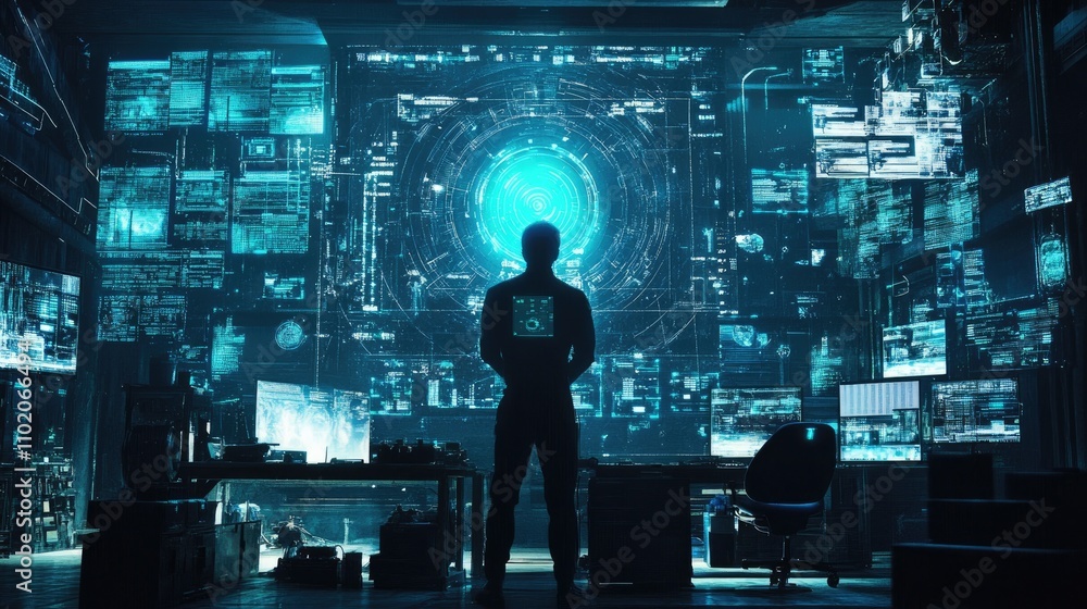 Engineer using AI system to control production mechanism, back view Engineer using AI system to control production mechanism, back view