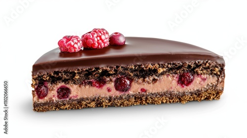 A slice of chocolate cake with raspberry filling and raspberries on top photo