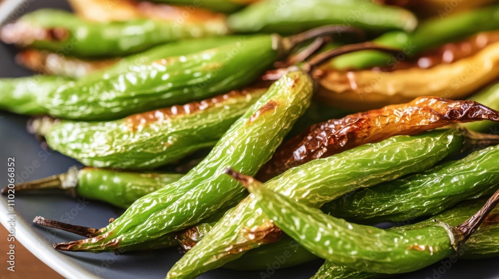 Grilled Shishito Peppers on Plate - Appetizing and Spicy Vegetarian Snack Grilled Shishito Peppers on Plate - Appetizing and Spicy Vegetarian Snack
