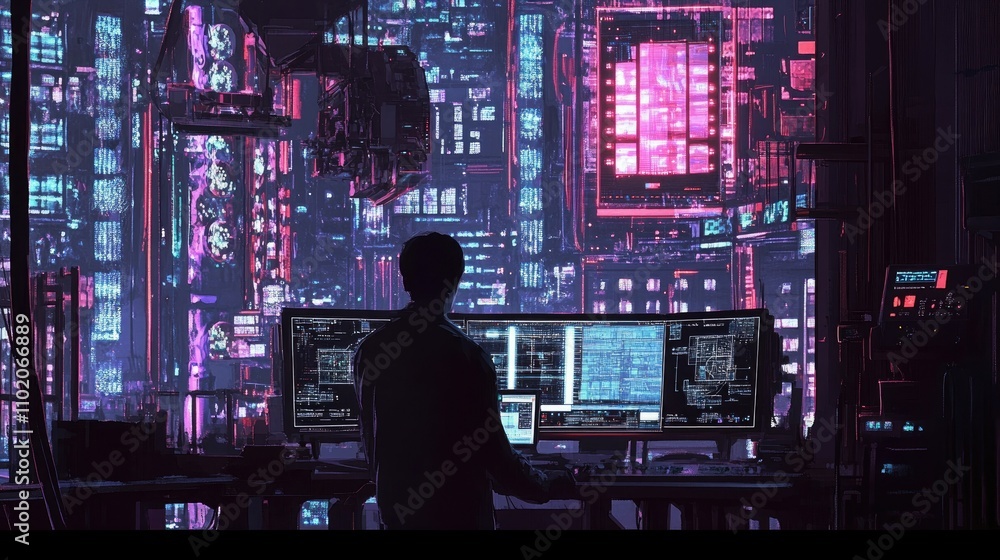Engineer using AI system to control production mechanism, back view Engineer using AI system to control production mechanism, back view