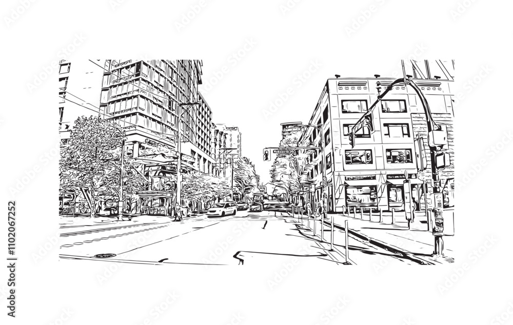 Print Building view with landmark of Vancouver is the city in Western Canada. Hand drawn sketch illustration in vector.