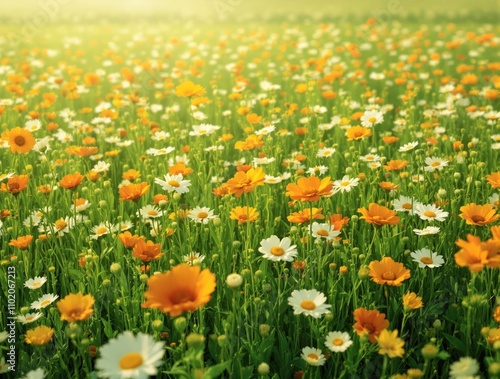 A field of wildflowers showcasing a harmonious blend of green, orange, and white petals, blend, petals