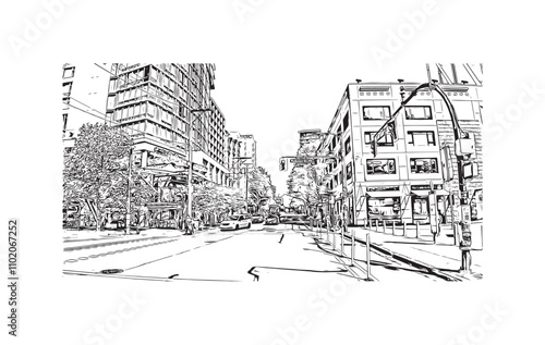 Obraz na płótnie Print Building view with landmark of Vancouver is the city in Western Canada. Hand drawn sketch illustration in vector. w salonie