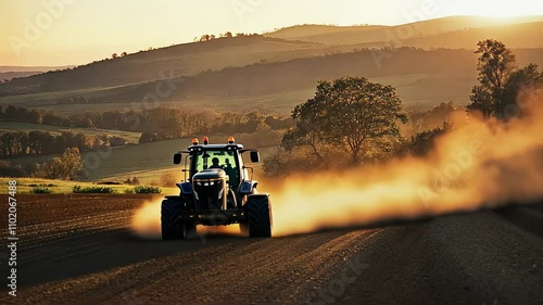 A tractor working in a golden field during sunset, symbolizing agriculture, hard work, and the beauty of rural landscapes photo