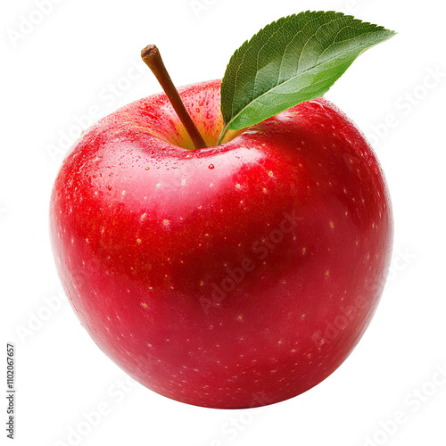 Fresh red apple with a green leaf, isolated on transparent cutout background