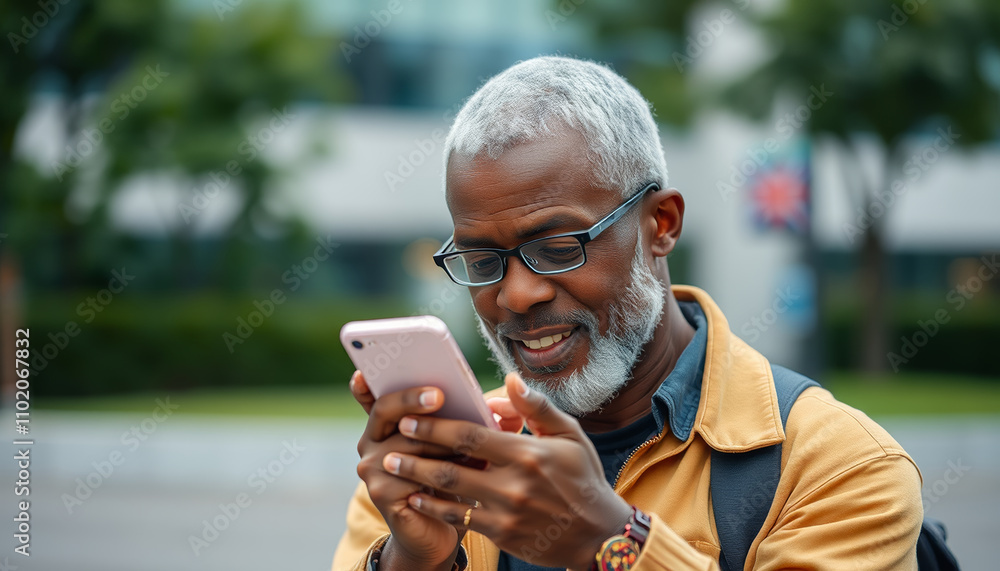 A businessman in a suit, smiling, uses his smartphone to text in a park A businessman in a suit, smiling, uses his smartphone to text in a park