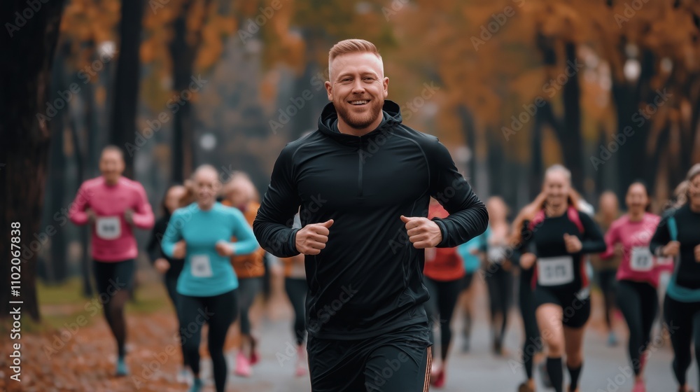 Smiling Athlete Leading Marathon in Autumn Park with Diverse Group of Runners Smiling Athlete Leading Marathon in Autumn Park with Diverse Group of Runners