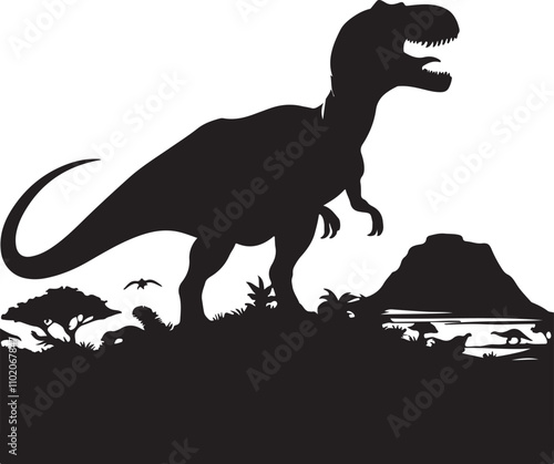 Vector art of silhouette of a tyrannosaurus rex roaring in a prehistoric landscape with trees, a volcano, and a lake